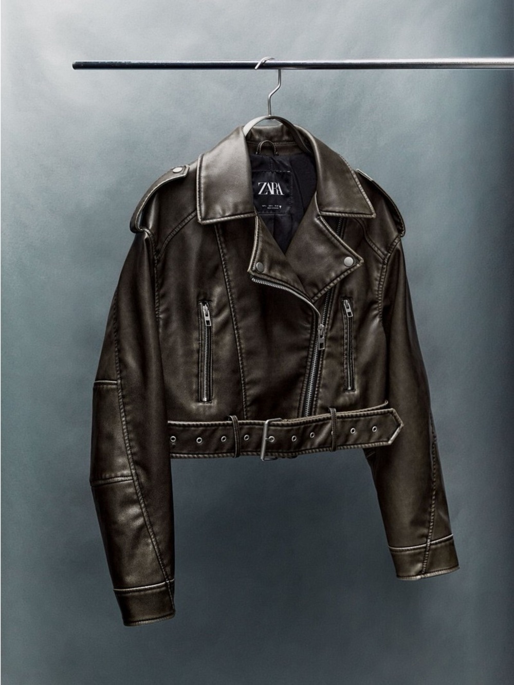 Zara Cropped Dark Brown Faux Leather Biker Jacket